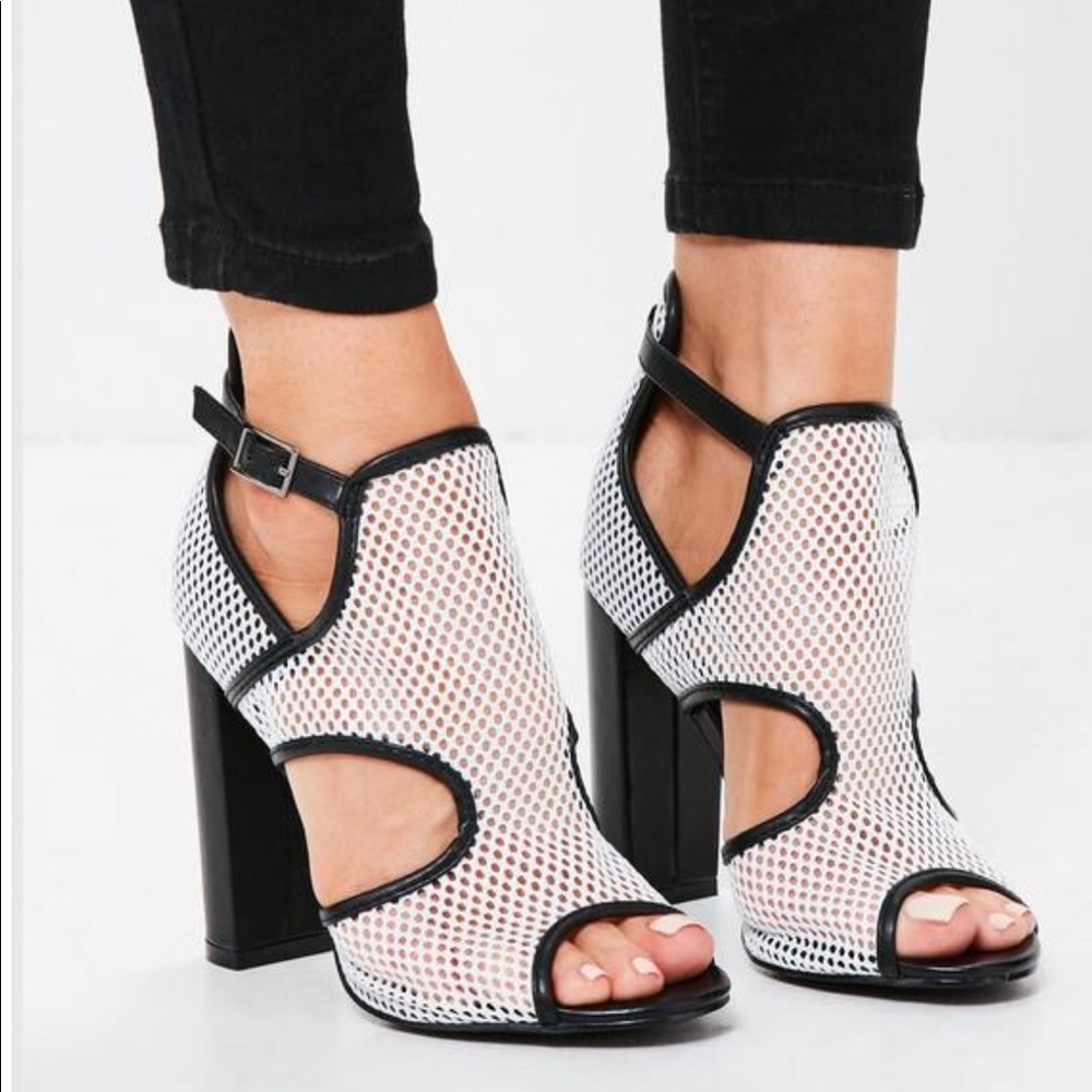 White mesh panelled block heel sandals